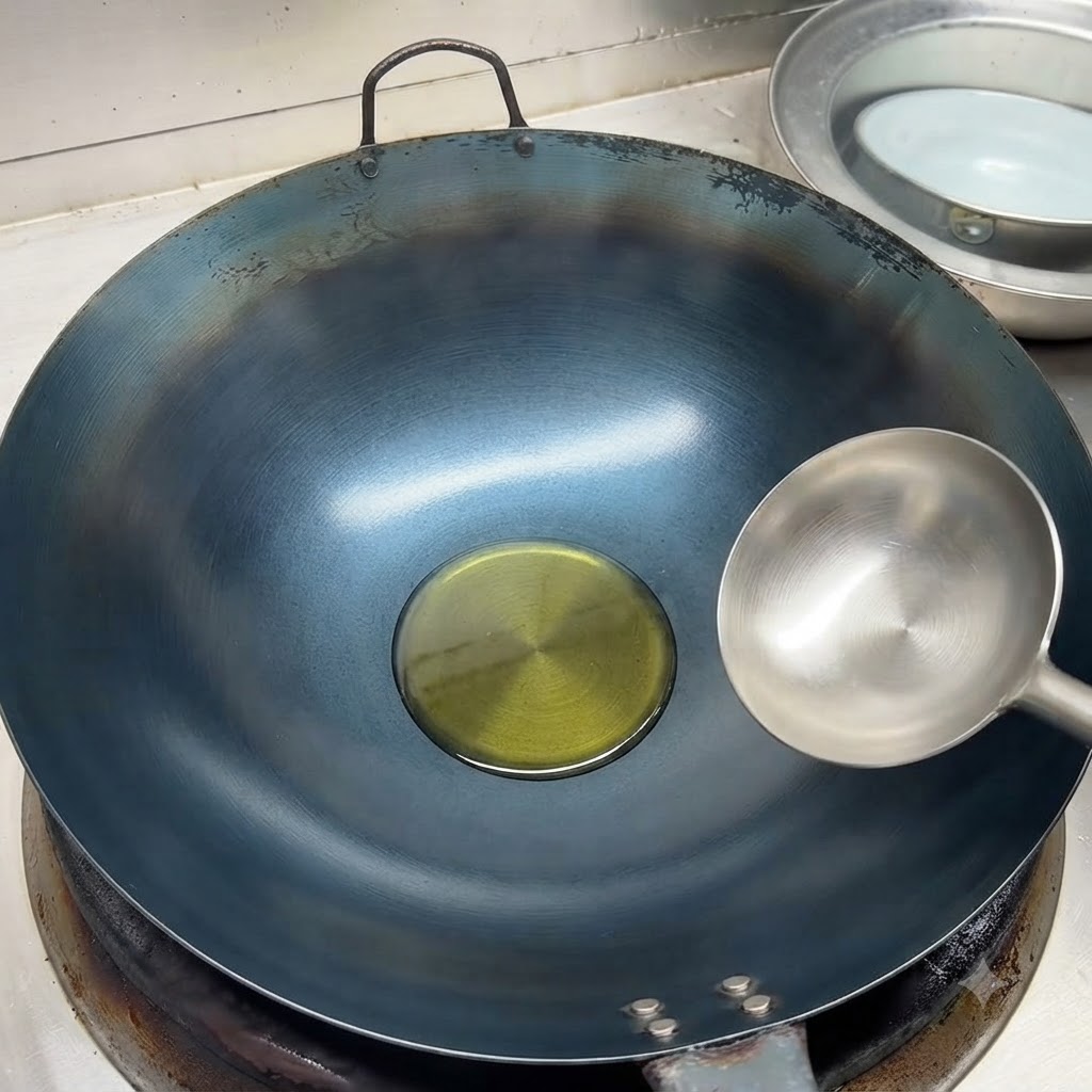 De lhuile de cuisson froide au centre dun wok chaud avec une louche en acier inoxydable posée à côté.