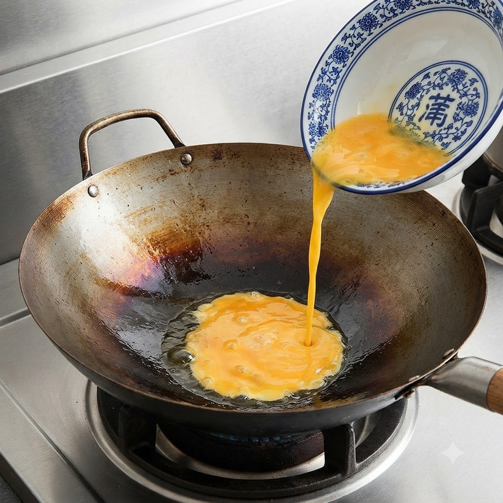 Des œufs battus versés dun bol à motifs bleus et blancs dans un wok chaud assaisonné.