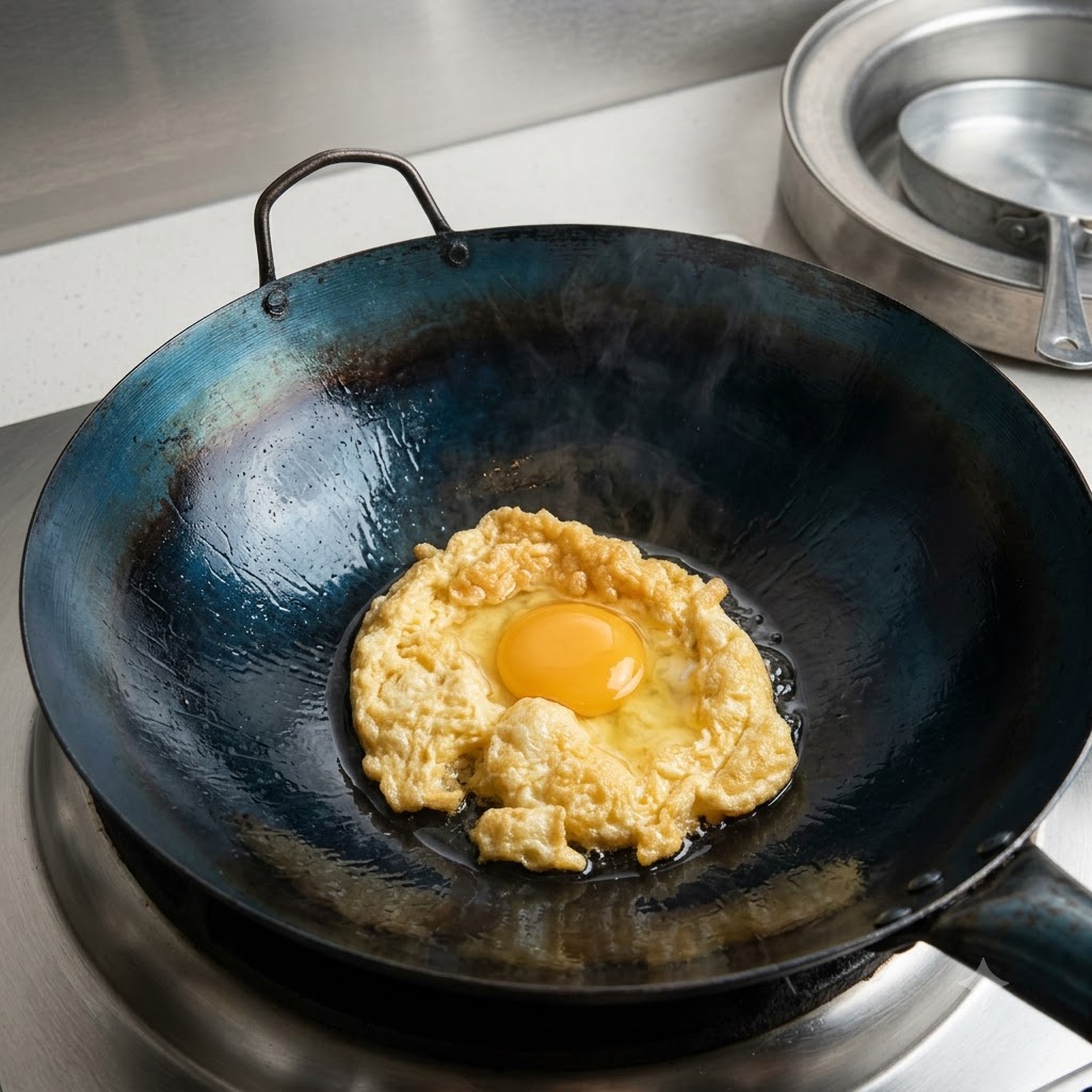 Un œuf partiellement frit en train dêtre retourné dans un wok en acier carbone bleu.