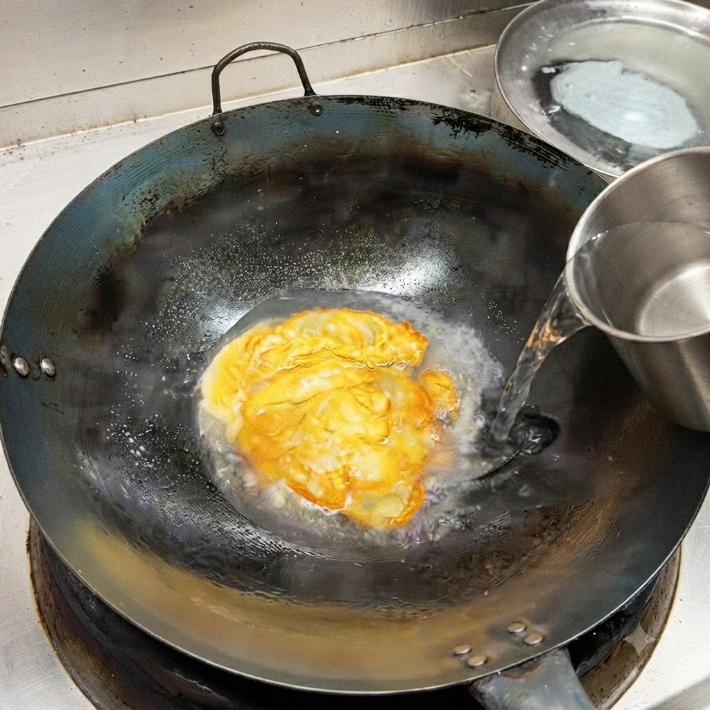 De leau versée dun pichet en acier inoxydable dans le wok sur lœuf frit.