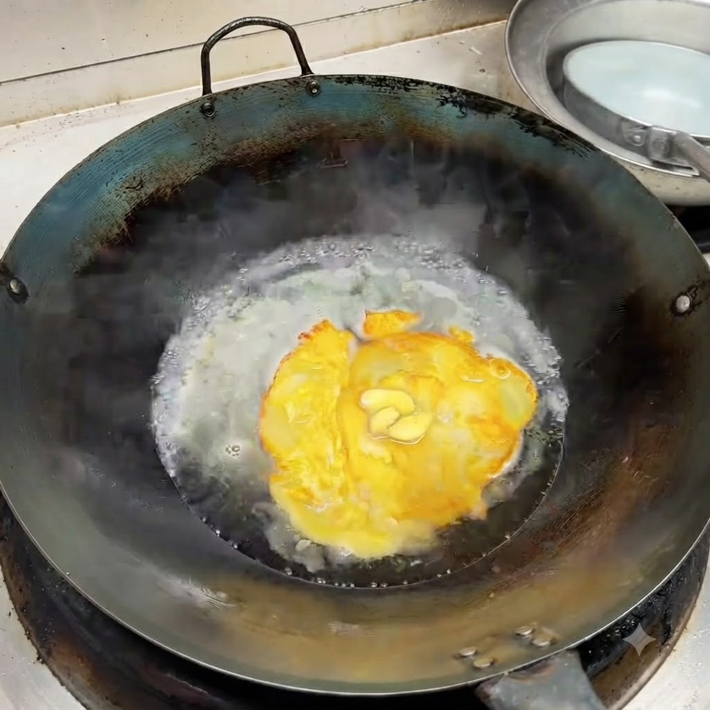 Des morceaux de gingembre écrasé flottant dans la soupe bouillante à lintérieur du wok, avec du poivre en poudre.