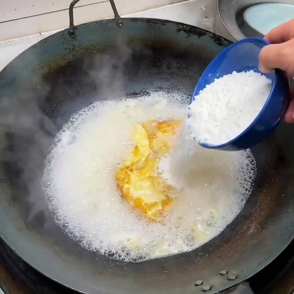 Des cubes de tofu soyeux versés dun bol bleu dans la soupe blanche laiteuse bouillante.