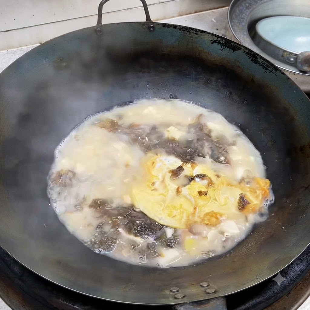 De la ciboule hachée tombant dans un wok rempli dune soupe laiteuse et frémissante au tofu et algues.