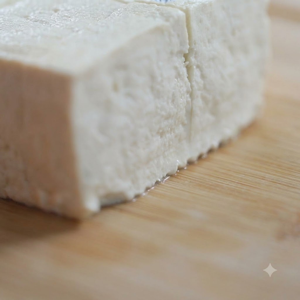 Bloc de tofu ferme découpé en petits cubes sur une planche à découper en bois à laide dun couteau de cuisine tranchant.