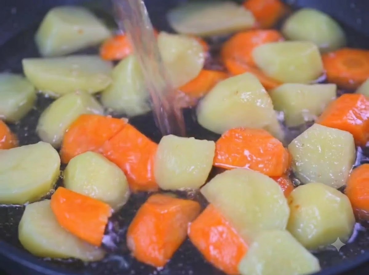 De leau est versée dun récipient dans une poêle remplie de morceaux de pommes de terre et de carottes.