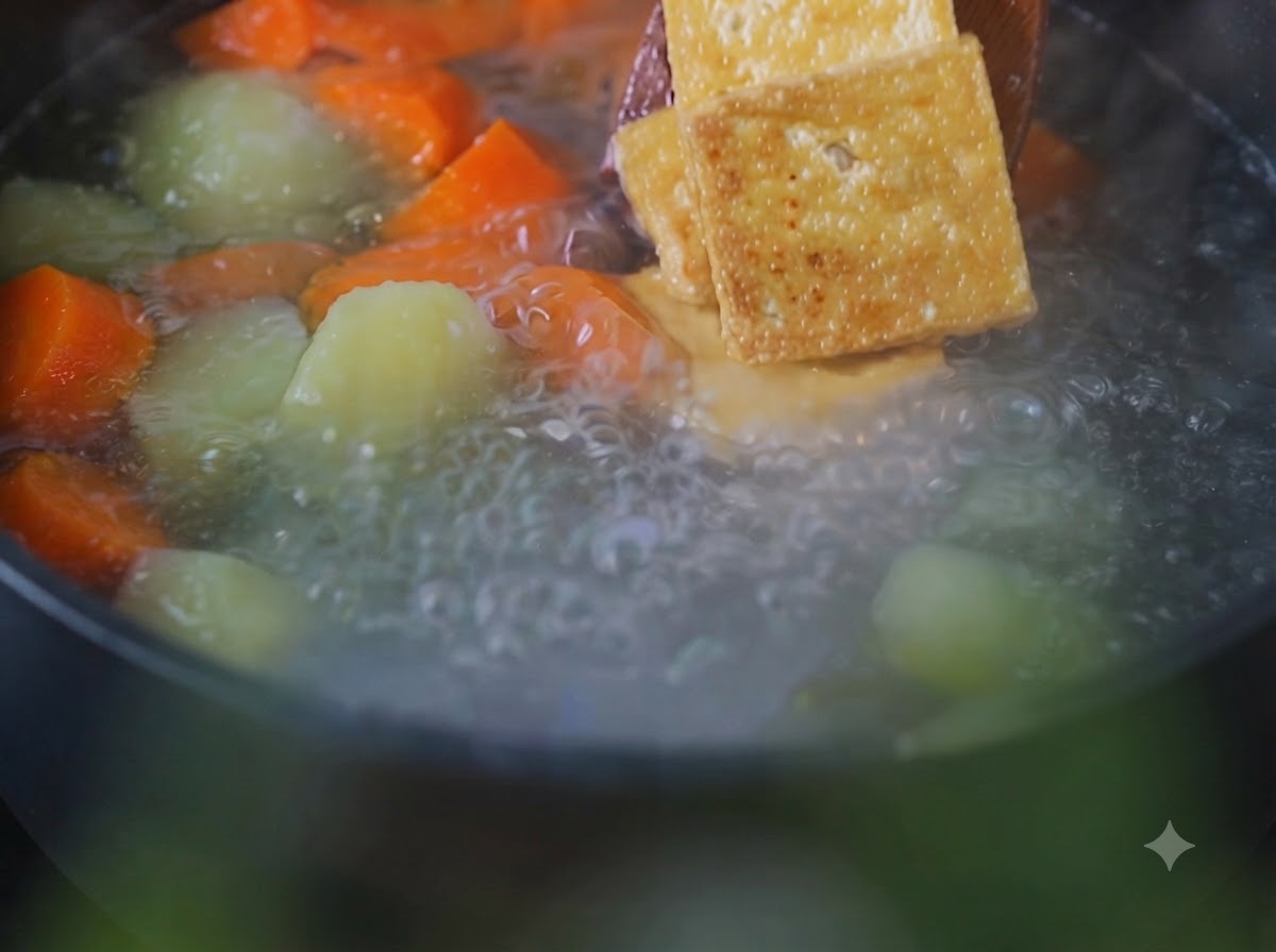 Des morceaux de tofu frits sont placés avec une spatule en bois dans une casserole bouillante de pommes de terre et de carottes.