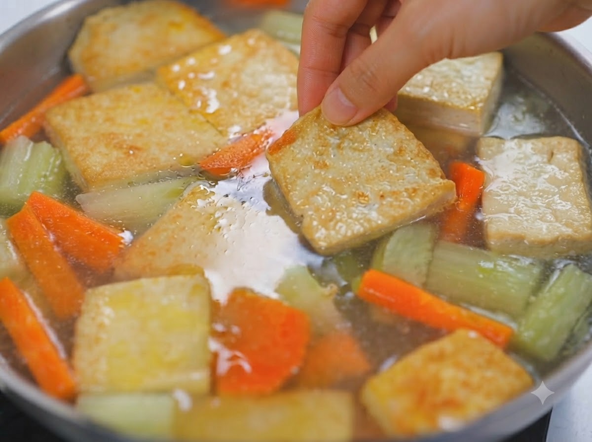 Une main plaçant un morceau de tofu doré dans une marmite frémissante de bouillon au curry avec des légumes.
