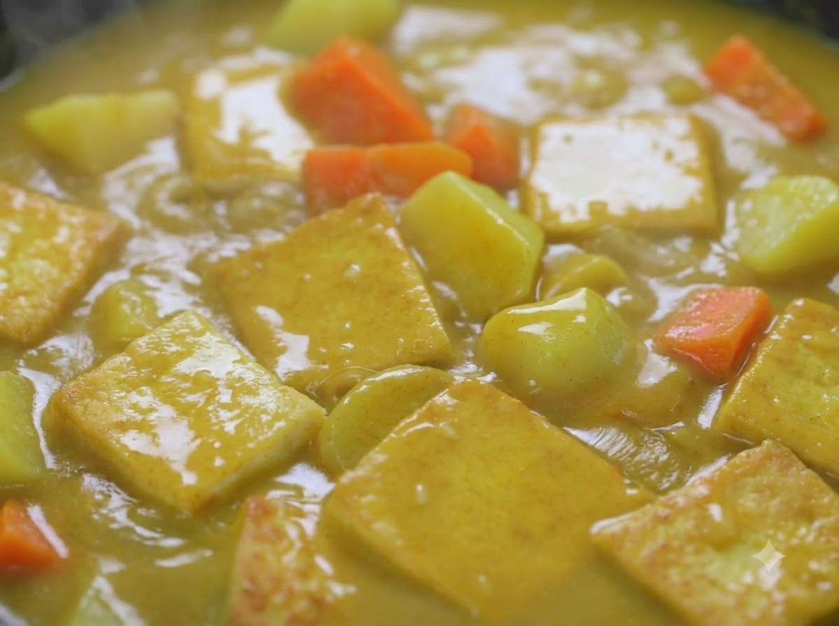 Une sauce au curry épaisse et riche mijotant avec du tofu, des pommes de terre et des carottes dans une poêle.