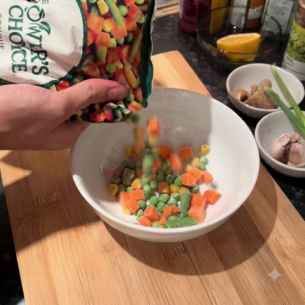 Légumes mélangés surgelés comprenant du maïs, des petits pois et des carottes versés dun sac dans un bol blanc.