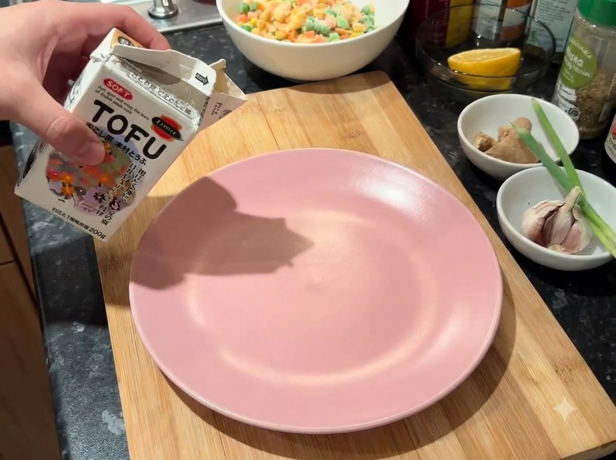 Une brique de tofu soyeux vidée sur une assiette rose posée sur une plancha en bois.