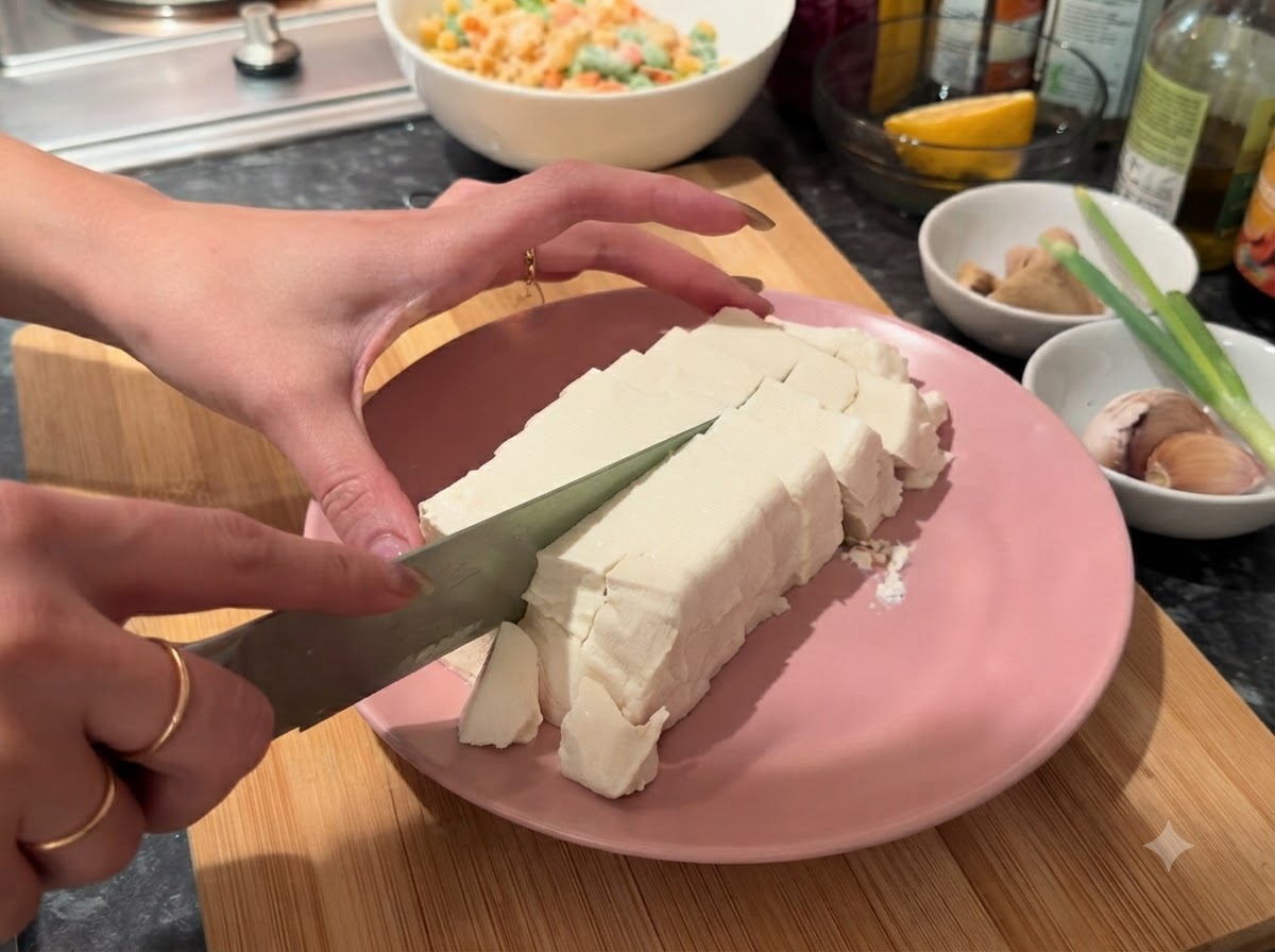 Tofu soyeux coupé en petits cubes avec un couteau sur une assiette rose.