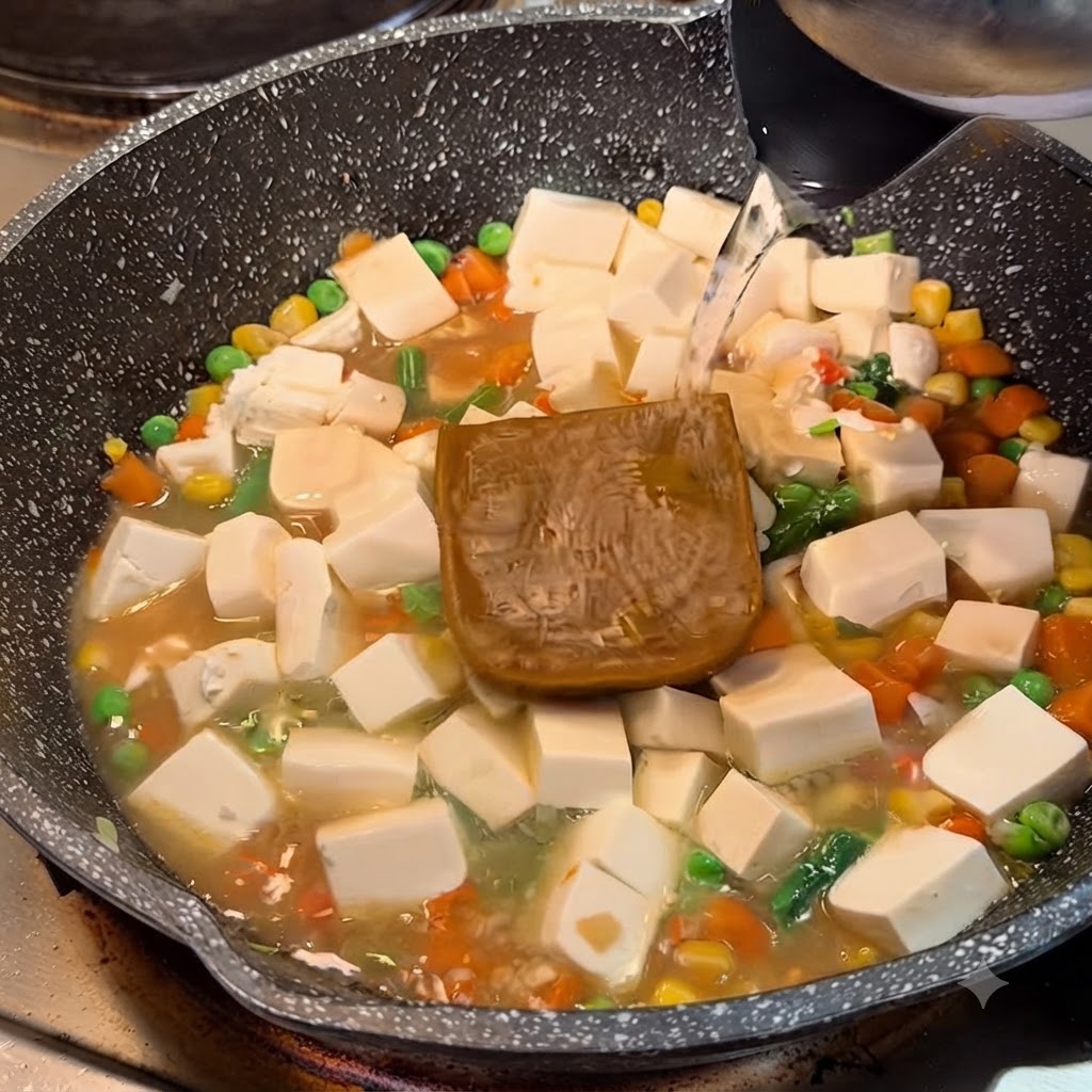 Eau chaude versée dune bouilloire dans une poêle avec du tofu, des légumes et un bloc de roux de curry.