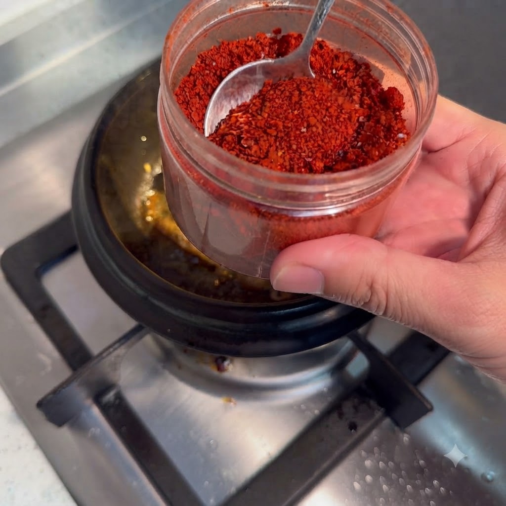 Un récipient contenant du piment en poudre rouge vif avec une cuillère, posé au-dessus dune casserole.