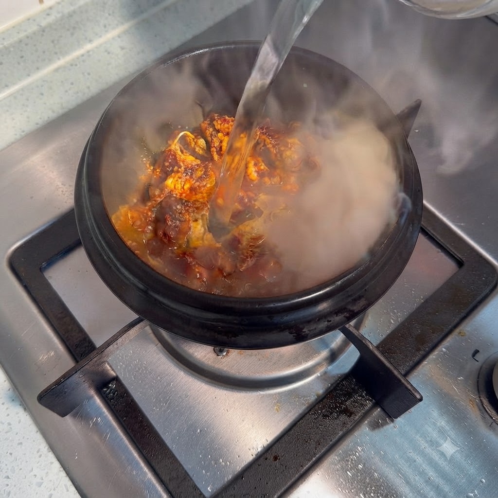 Eau versée dans un pot en céramique chaud contenant de la viande assaisonnée et des épices, produisant de la vapeur.