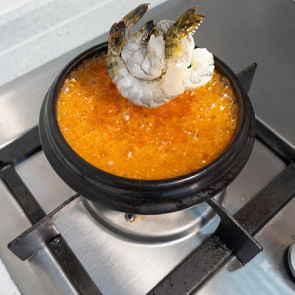 Crevettes fraîches plongées dans un bouillon de soupe orange-rouge vif et bouillonnant à lintérieur dun pot sombre.