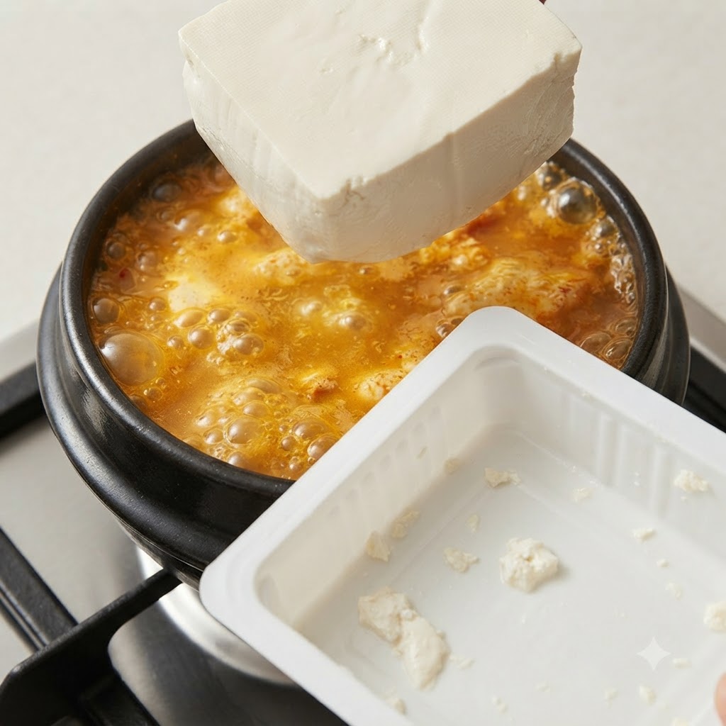 Un bloc de tofu soyeux ajouté dans le ragoût bouillant à côté de son emballage.