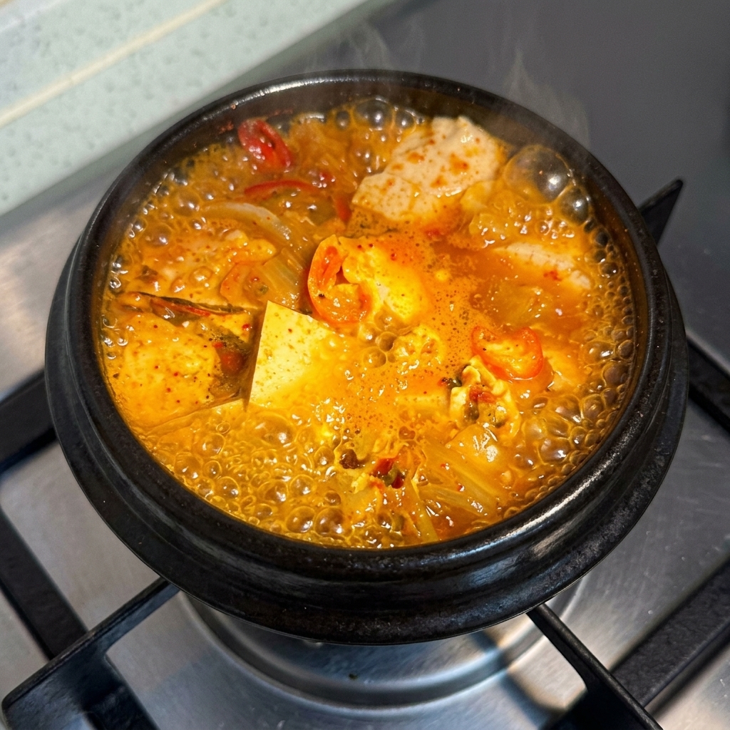 Vue rapprochée du ragoût épicé bouillonnant mijotant sur le brûleur de la cuisinière.