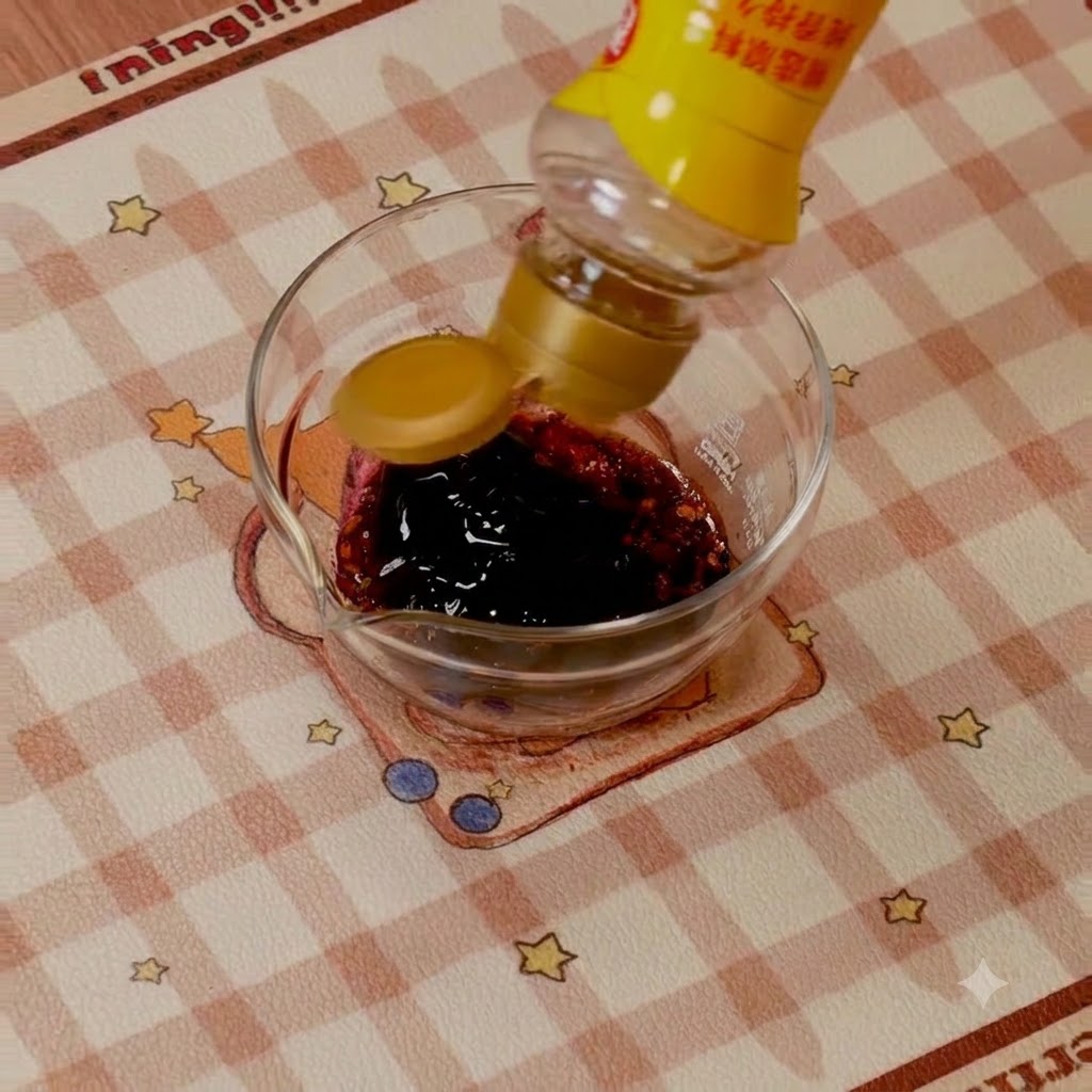 Versement dune sauce foncée dans un petit bol en verre contenant de la pâte de piment coréenne.