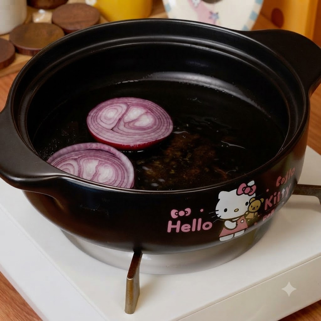 Oignons rouges émincés reposant dans une fine couche dhuile à lintérieur dune casserole noire.