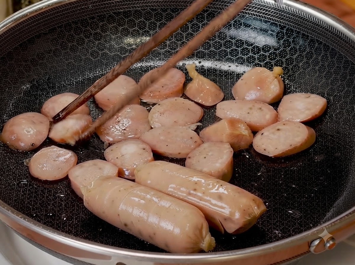 Saucisses entaillées et tranchées en train de dorer dans une poêle alvéolée, retournées avec des baguettes.
