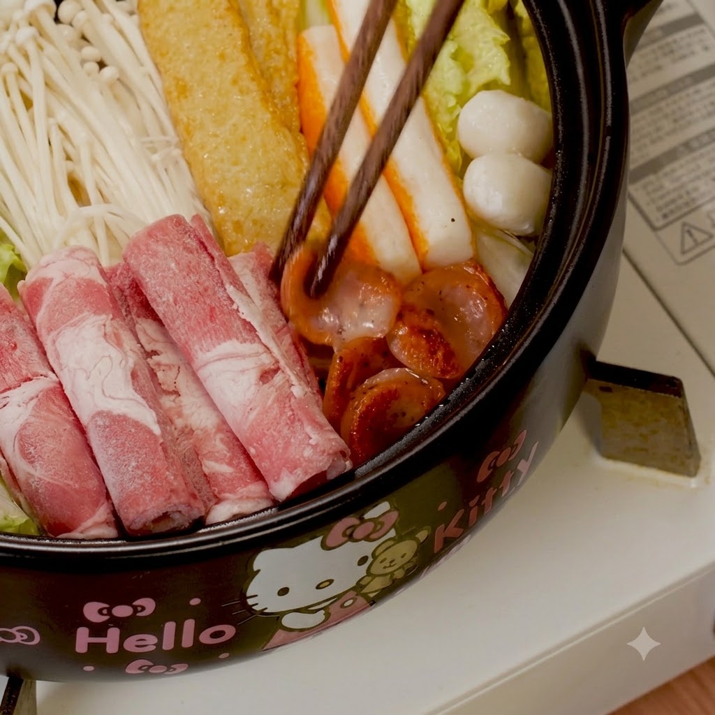 Des baguettes déposent des rondelles de saucisses dorées dans la casserole avec les légumes et les rouleaux de bœuf crus.