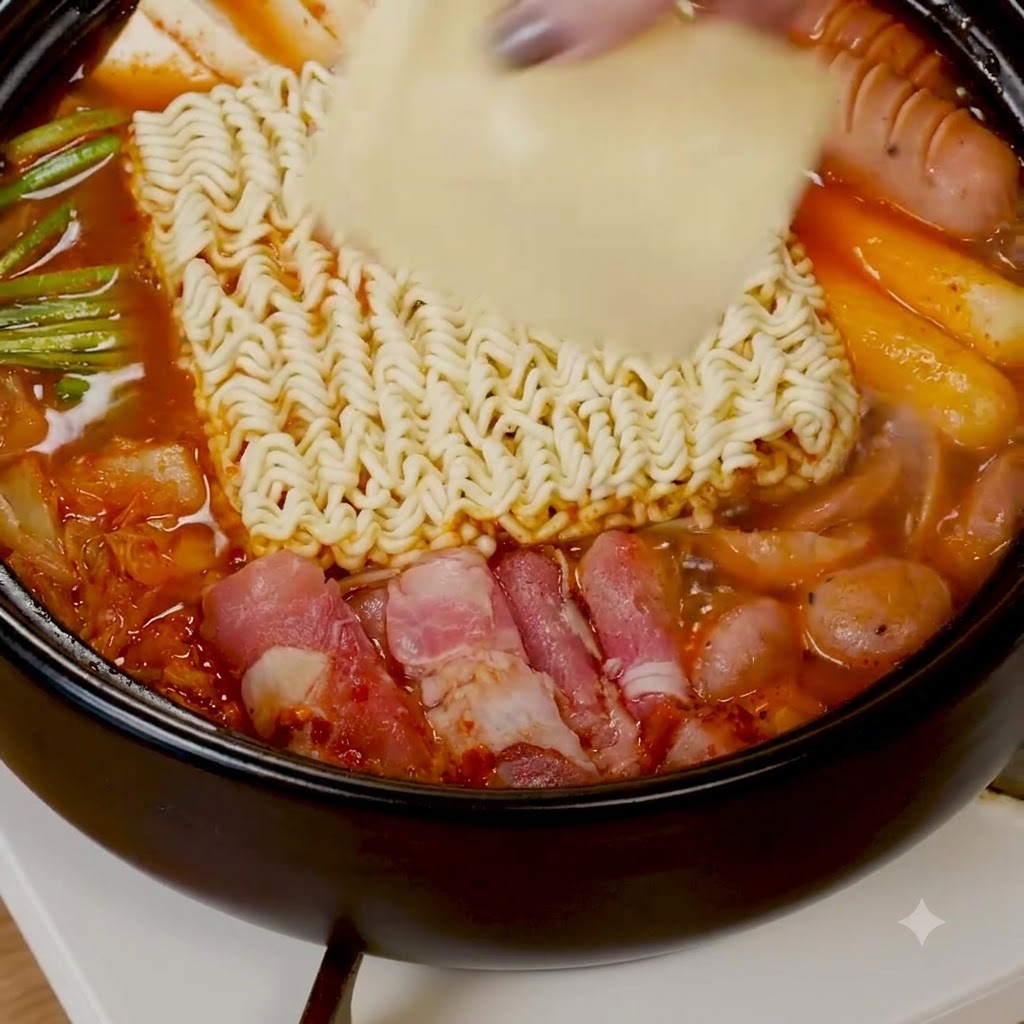 Un bloc de nouilles ramen instantanées et une tranche de fromage placés dans le bouillon rouge.