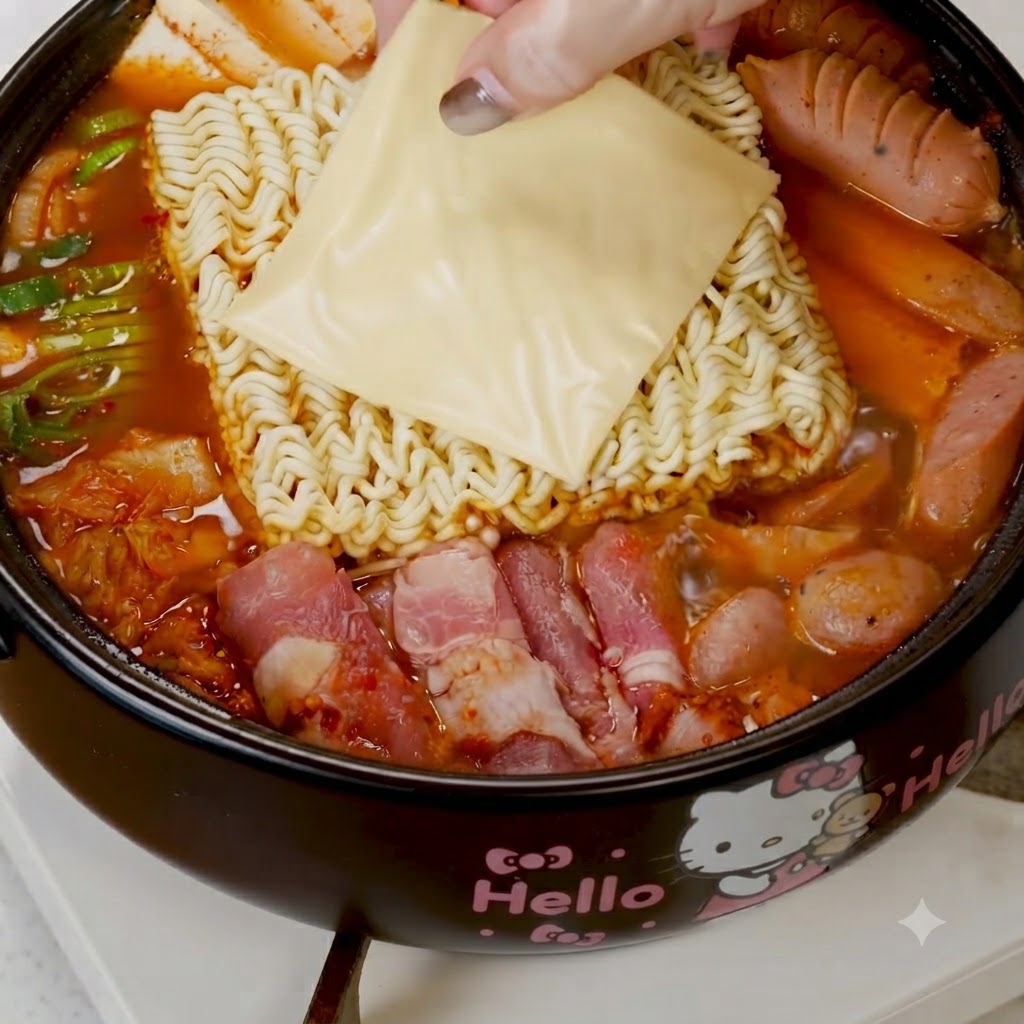 Un œuf cru cassé sur le dessus des nouilles instantanées et du fromage dans la casserole.