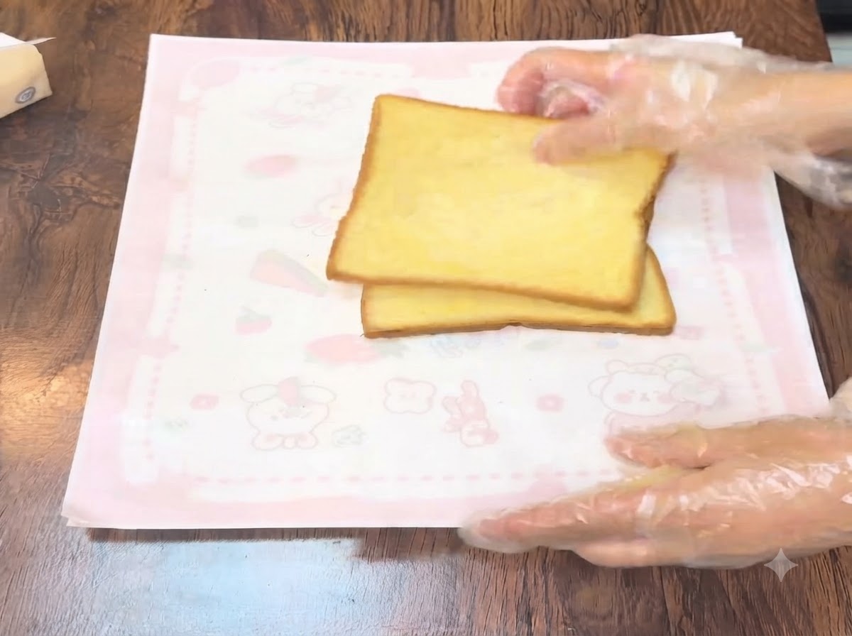 Trois tranches de pain à la citrouille disposées côte à côte avec de la sauce salade par-dessus.