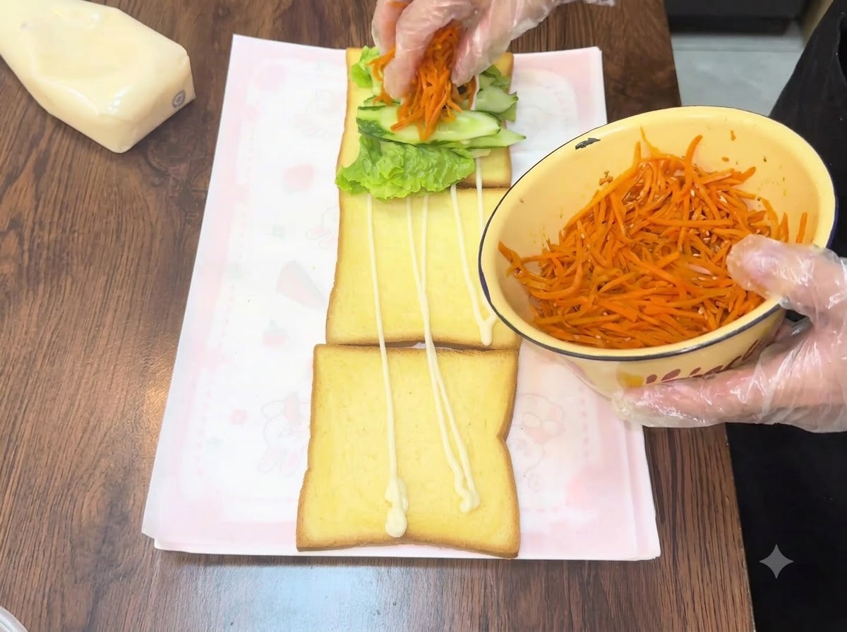 Ajout de carottes râpées orange vif sur la couche de concombre dun sandwich.