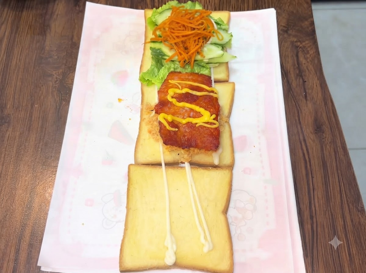 Application de lignes en zigzag de moutarde au miel et de ketchup sur une escalope de poulet.