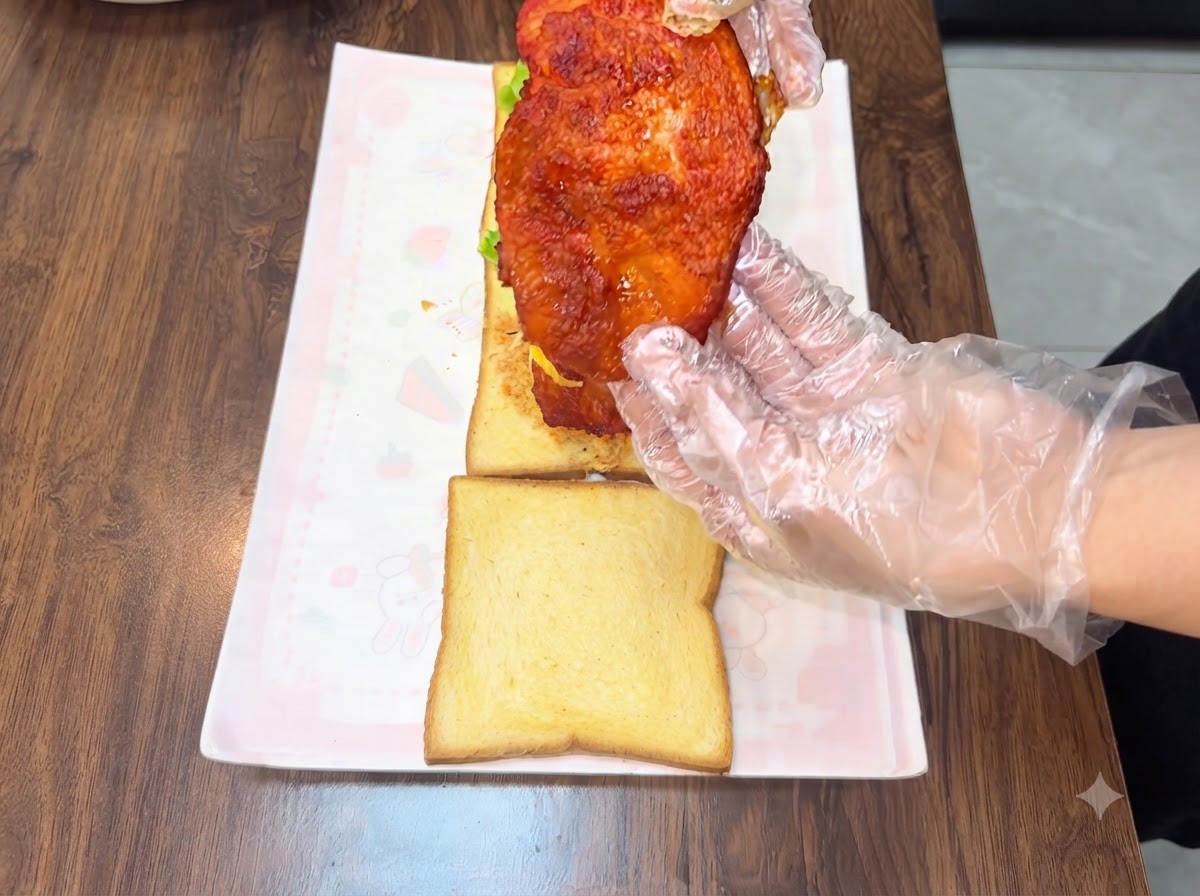 Une main gantée positionnant une seconde escalope de poulet frite sur les couches du sandwich.
