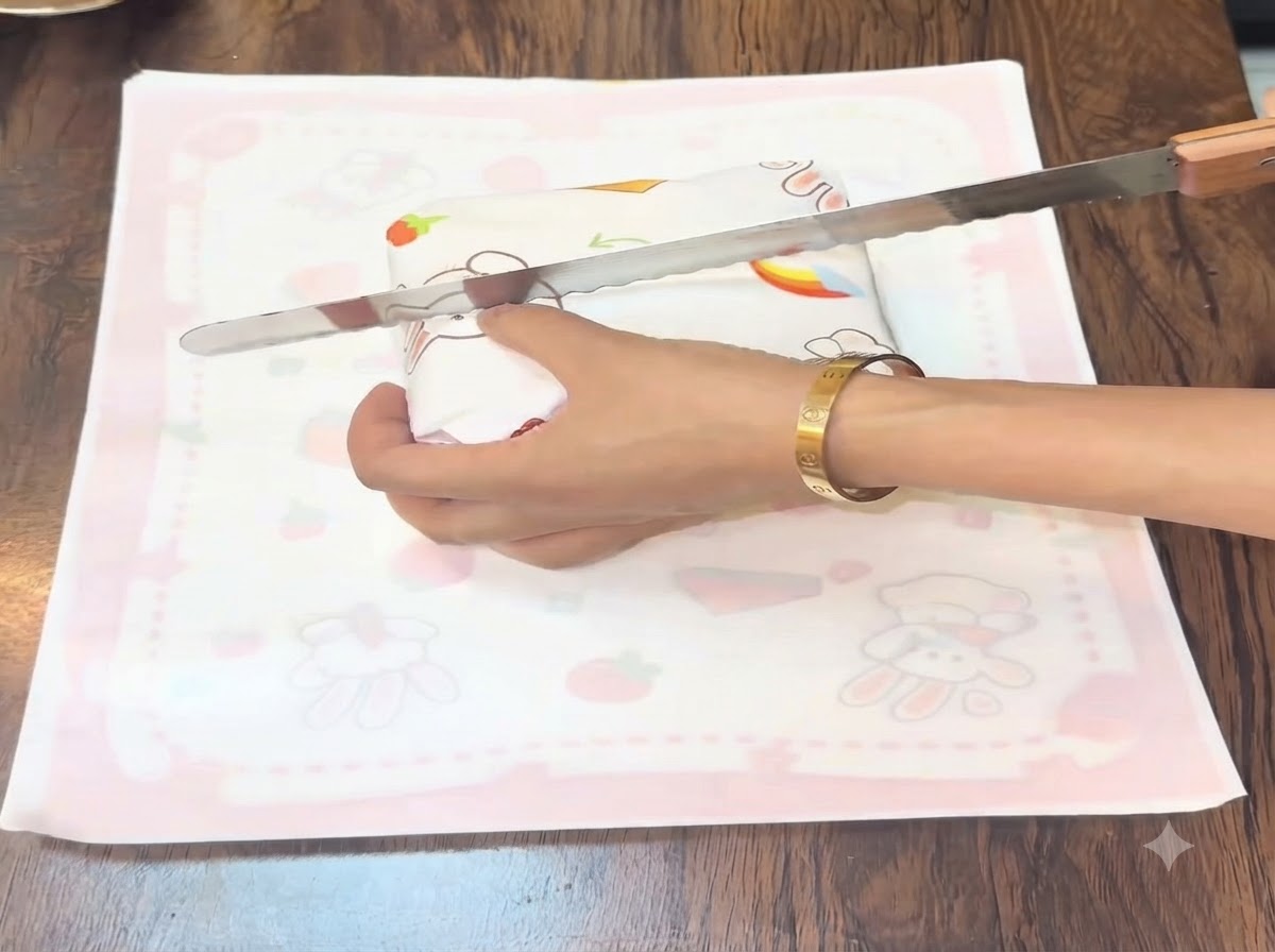 Un long couteau à pain dentelé coupant à travers un sandwich emballé.