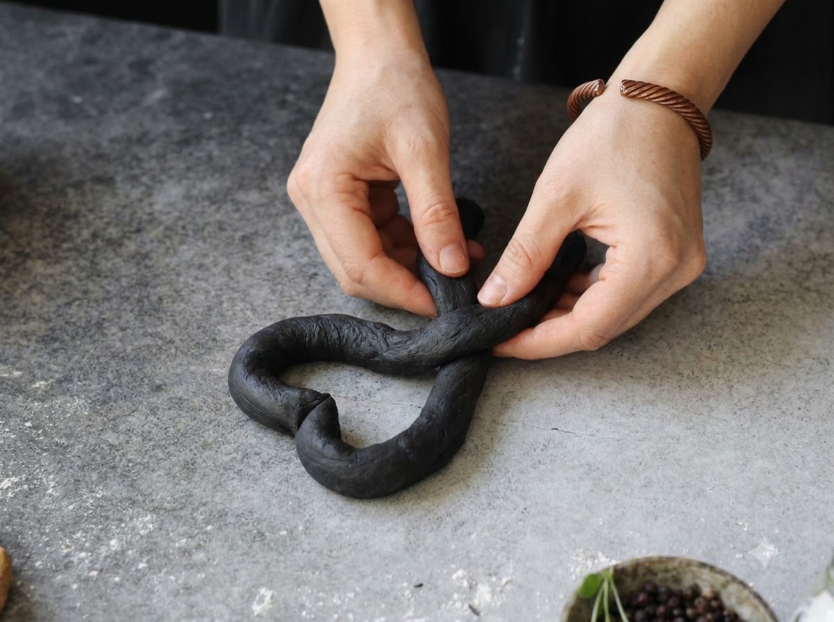 Mains tordant et tressant une pâte noire foncée sur un plan de travail en pierre.