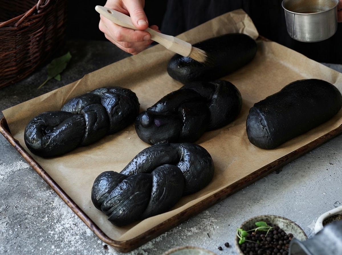 Pains de mie tressés noirs reposant sur une plaque de cuisson pendant quils sont badigeonnés de dorure à lœuf à laide dun pinceau à pâtisserie en bois.