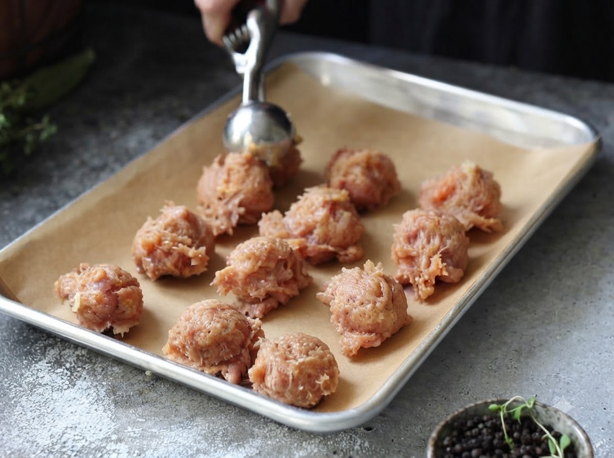 Une cuillère à biscuits en métal déposant de petites portions de poulet haché assaisonné sur une plaque de cuisson recouverte de papier sulfurisé.