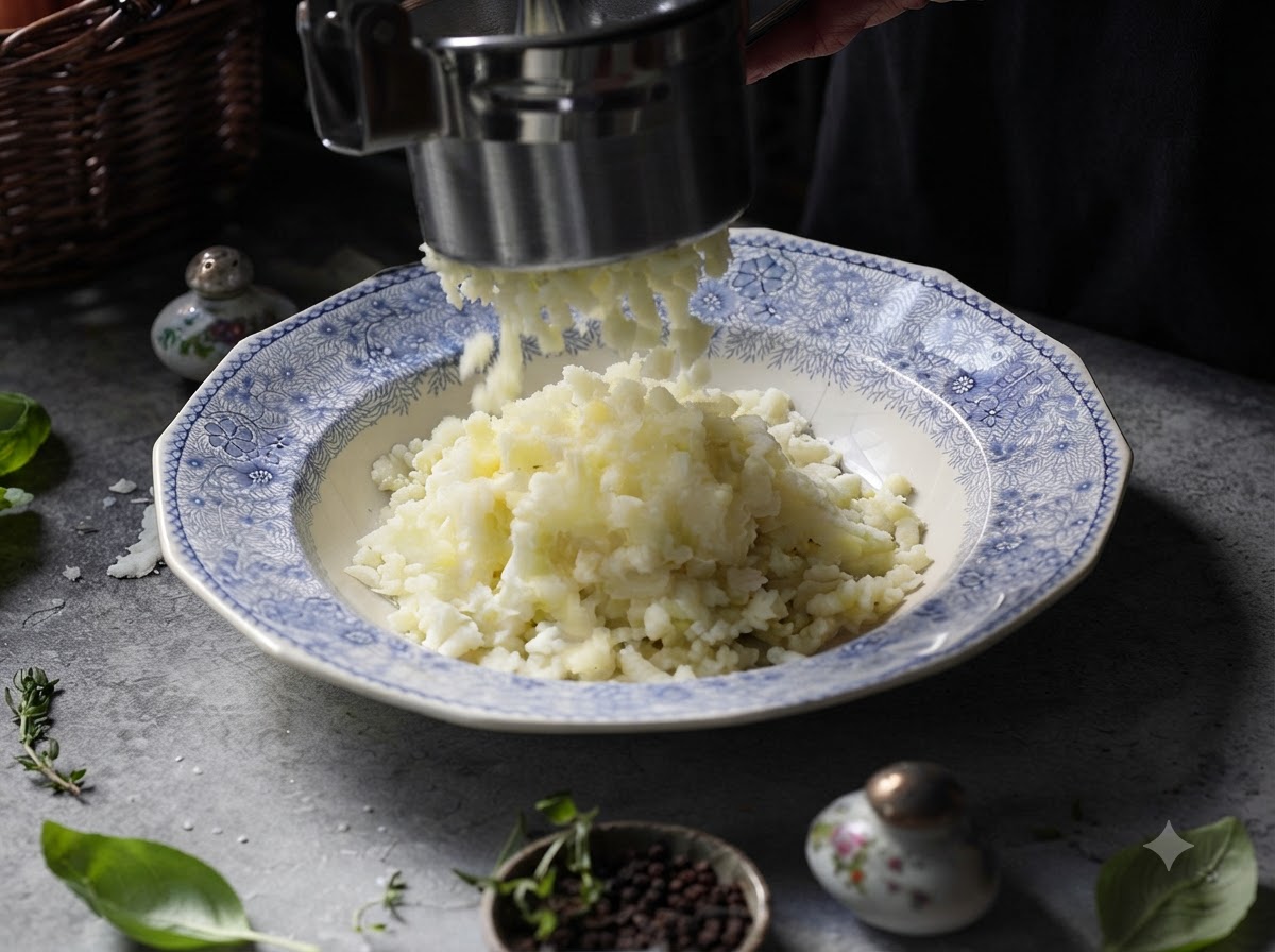 Un presse-purée en métal extrudant des pommes de terre fraîchement cuites dans un bol en céramique décoratif bleu et blanc.
