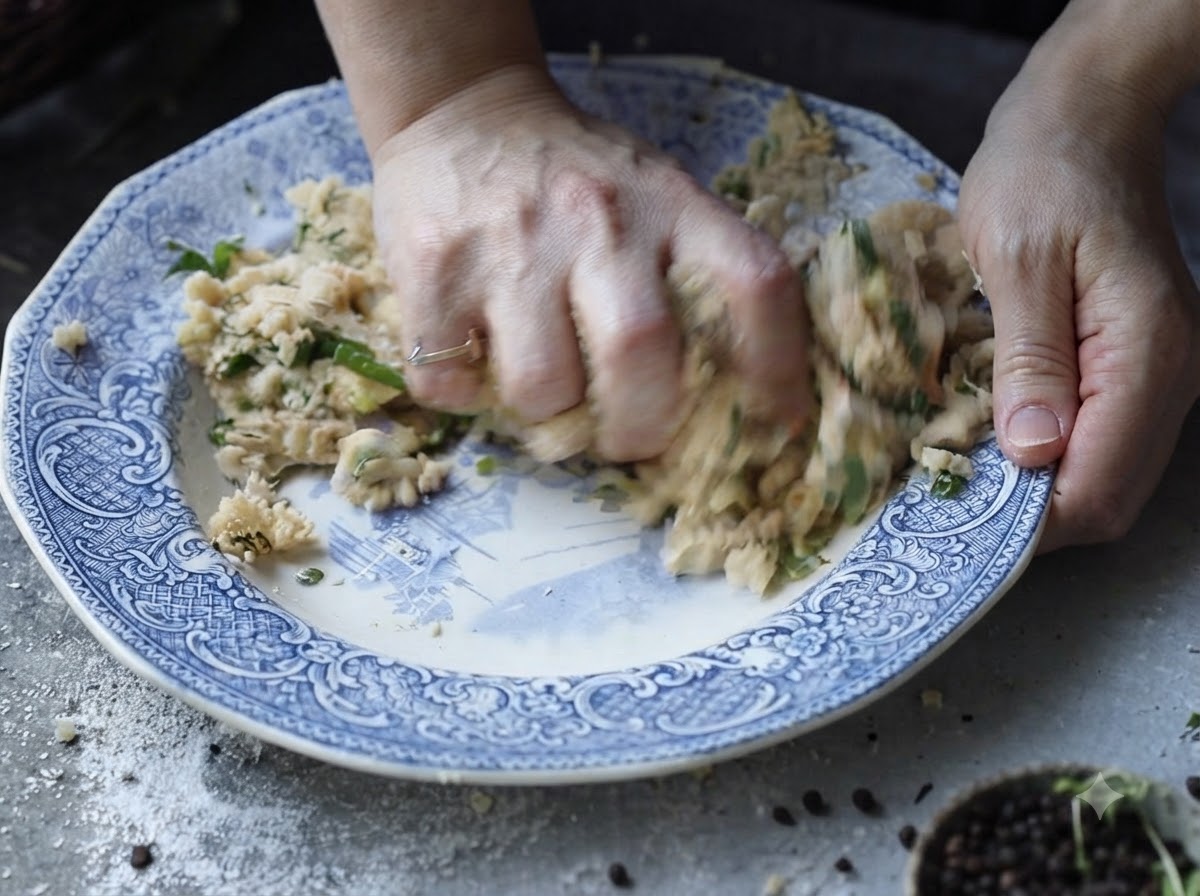 Mains en train de malaxer activement un mélange de pommes de terre réduites en purée et dherbes vertes à lintérieur dun bol en céramique à motifs.