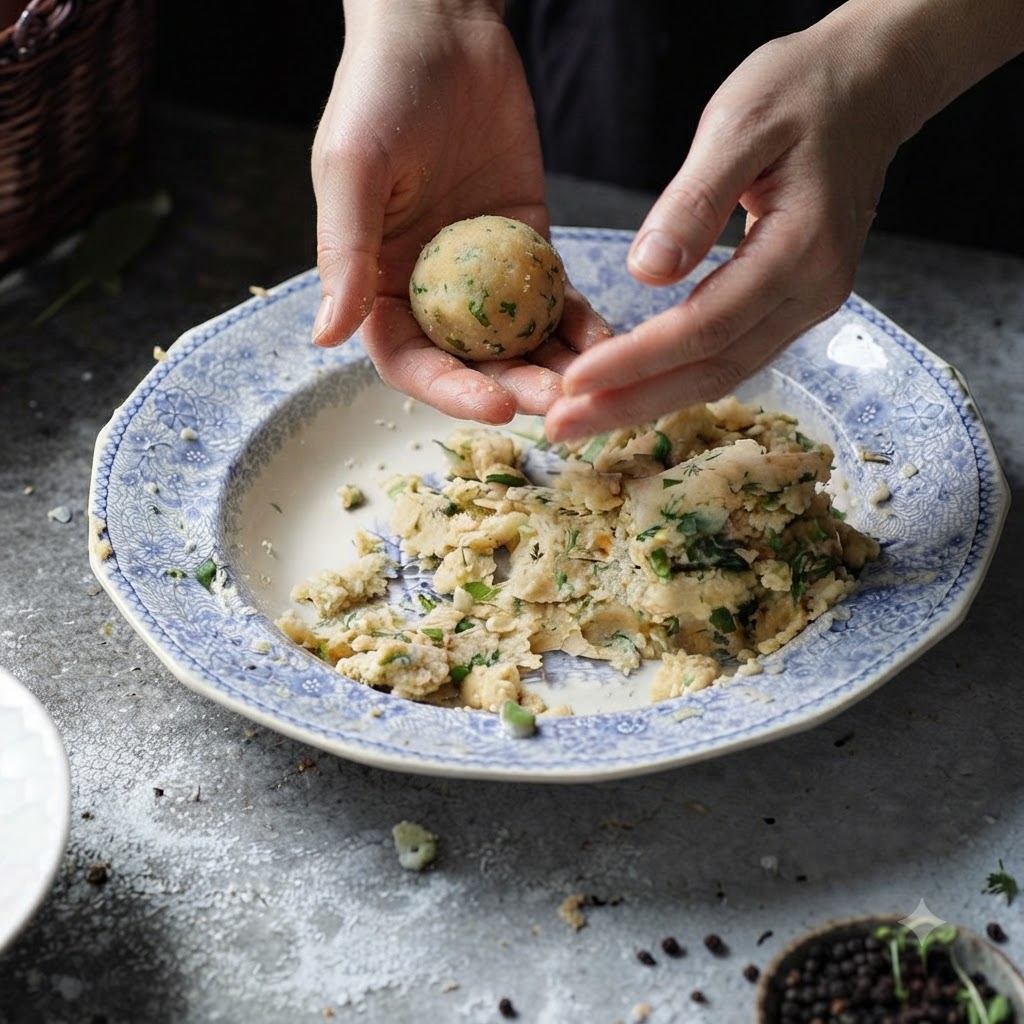 Mains roulant un mélange de pommes de terre et dherbes assaisonné pour en faire une sphère sur une assiette en céramique à motifs.