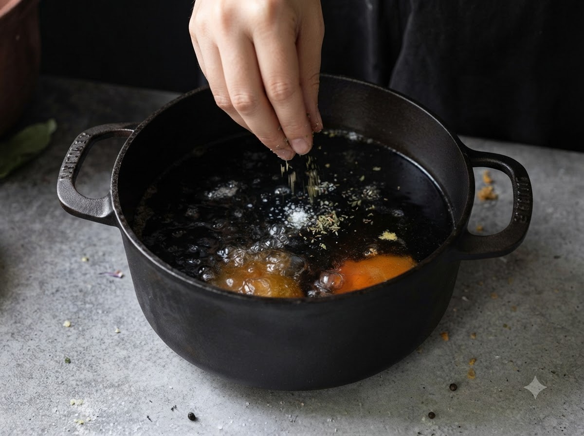Une main saupoudrant des herbes et des assaisonnements sur de lhuile chaude bouillante dans une cocotte en fonte noire.