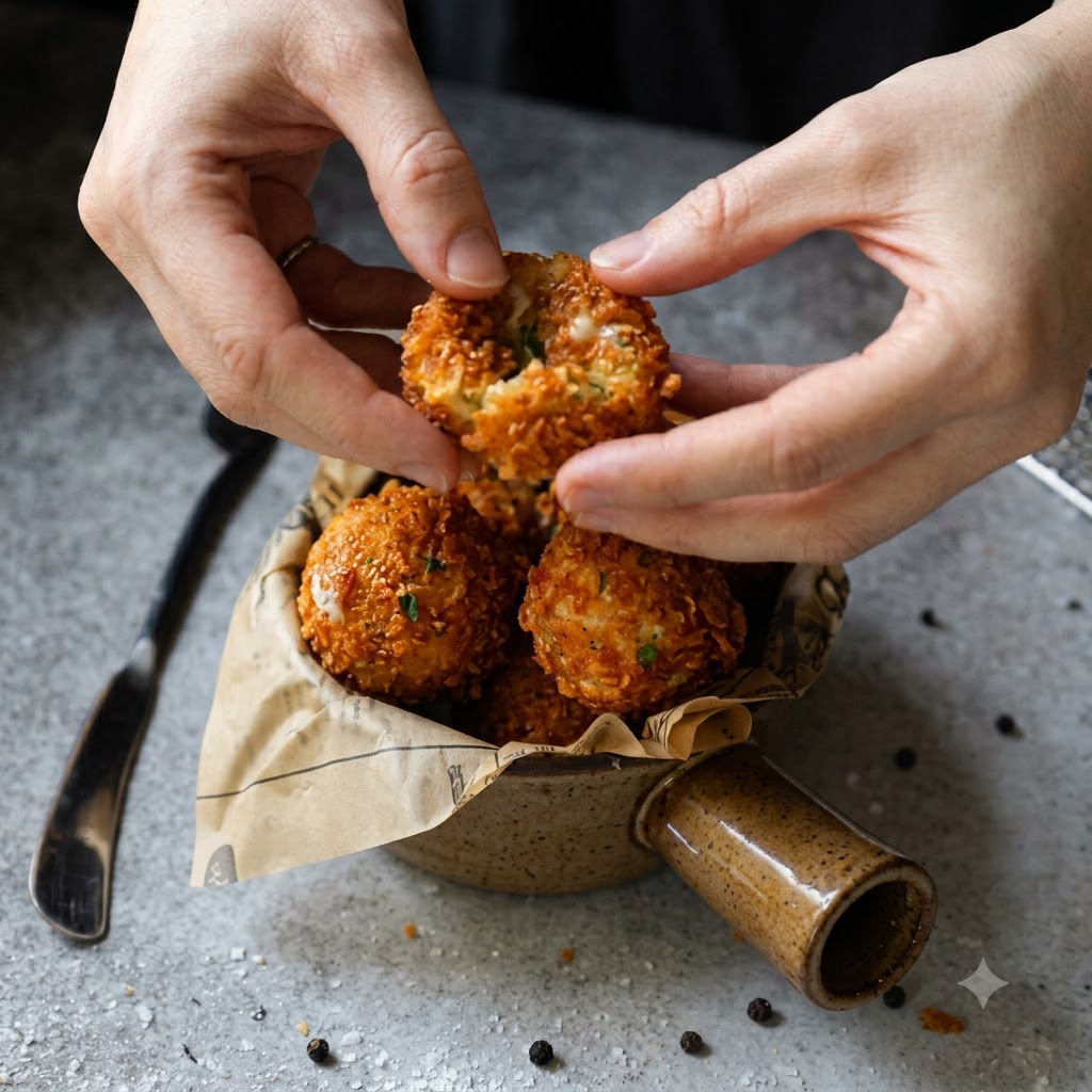 Mains écartant une boule de pommes de terre frite et croustillante pour révéler du fromage fondu et filandreux au centre.