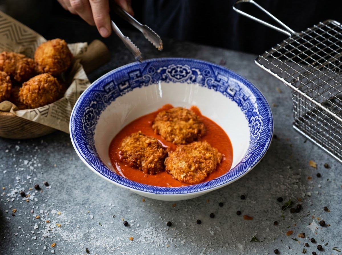 Steaks de poulet frits enrobés de sauce buffalo rouge vif à lintérieur dun bol à motifs bleus.