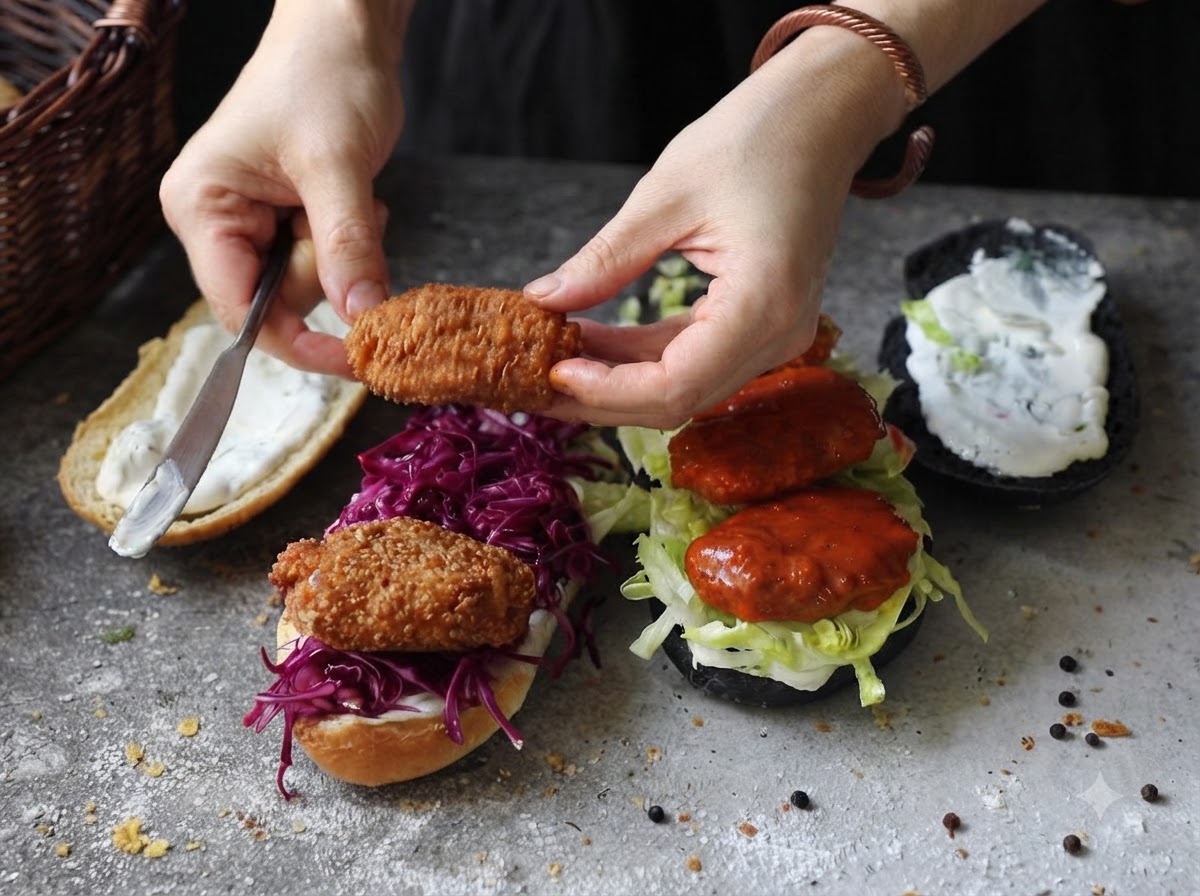 Mains plaçant un steak de poulet enrobé de sauce buffalo sur un sandwich garni de chou rouge et de laitue.
