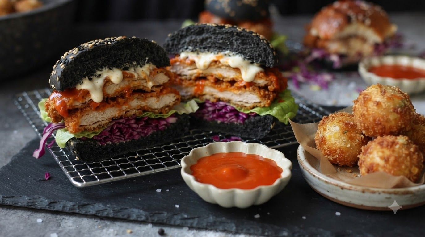 Sandwich Croustillant de Nuggets de Poulet Buffalo et Boules de Pomme de Terre au Fromage