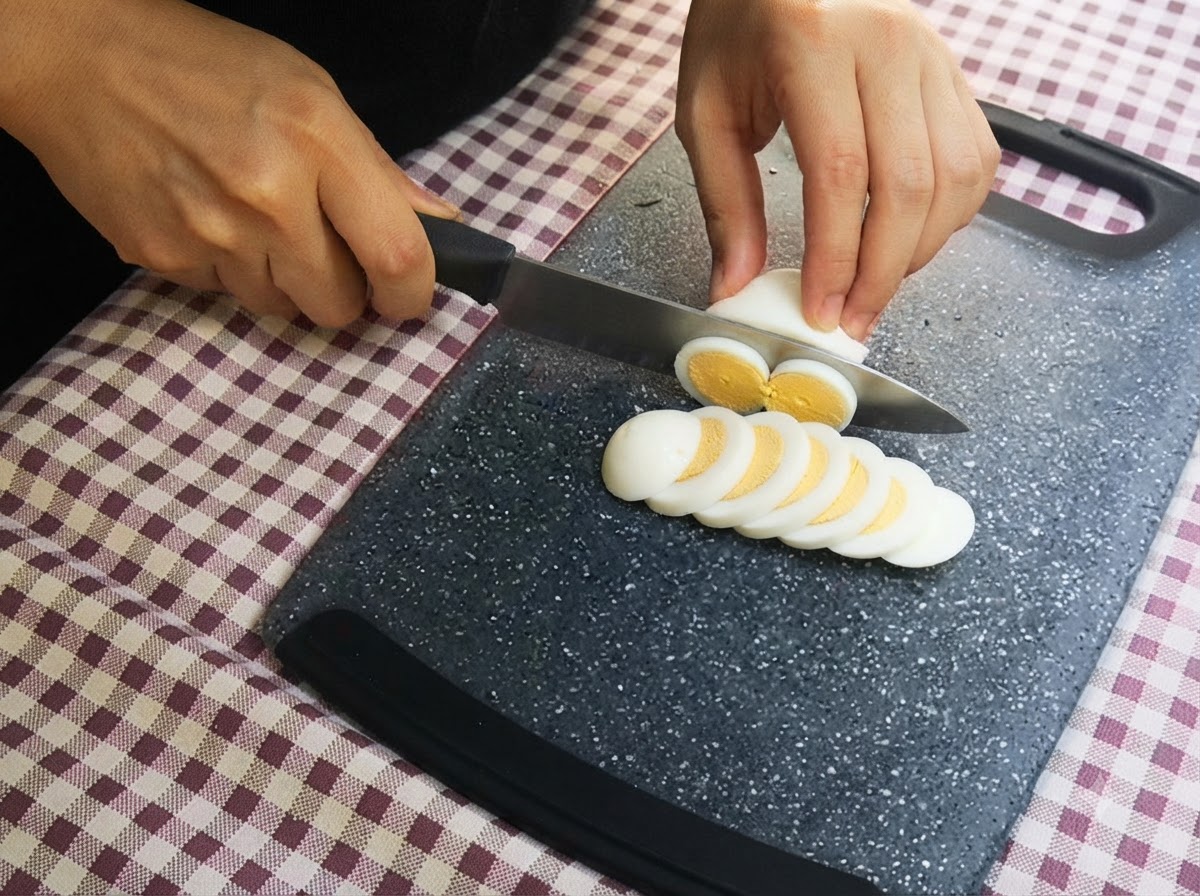Des mains coupant un œuf dur écalé en rondelles régulières sur une planche à découper.
