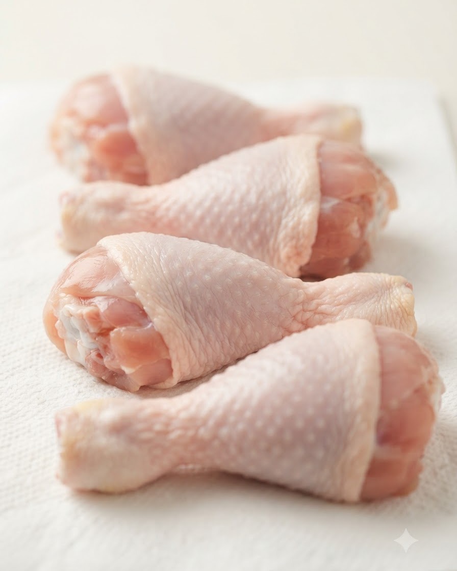 Pilons de poulet crus et frais disposés sur une feuille de papier essuie-tout, montrant la texture de la peau humide.