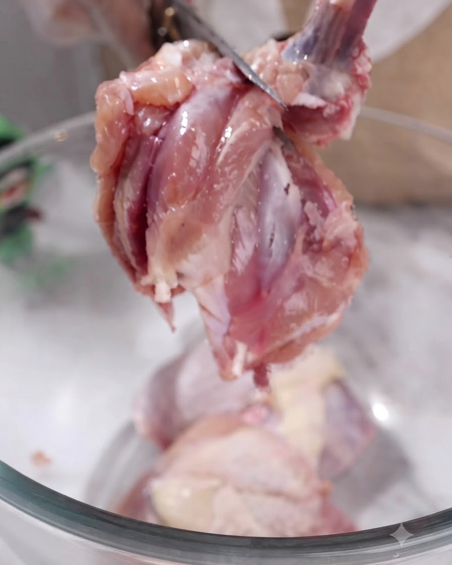 Mains gantées utilisant des ciseaux de cuisine pour couper los de la viande de poulet crue au-dessus dun bol en verre.