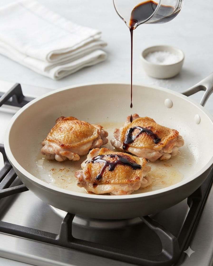 Sauce teriyaki foncée versée dun petit pichet sur les morceaux de poulet dans une poêle.