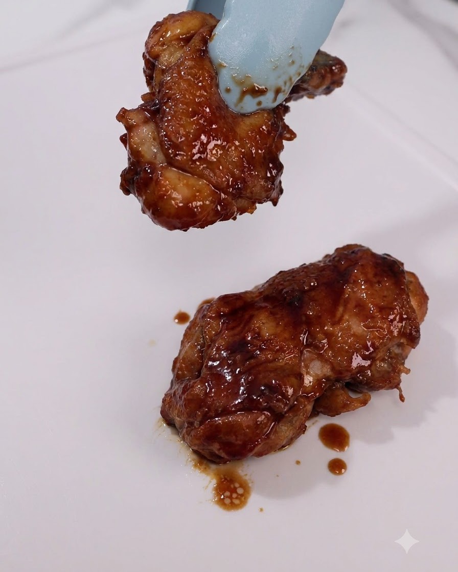 Hauts de cuisse de poulet glacés et cuits retirés dune poêle à laide de pinces sur une assiette blanche.