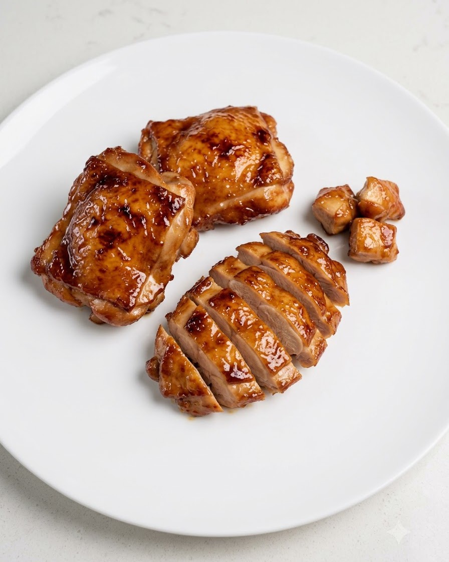 Hauts de cuisse de poulet cuits coupés en tranches nettes sur une assiette blanche avec un couteau.
