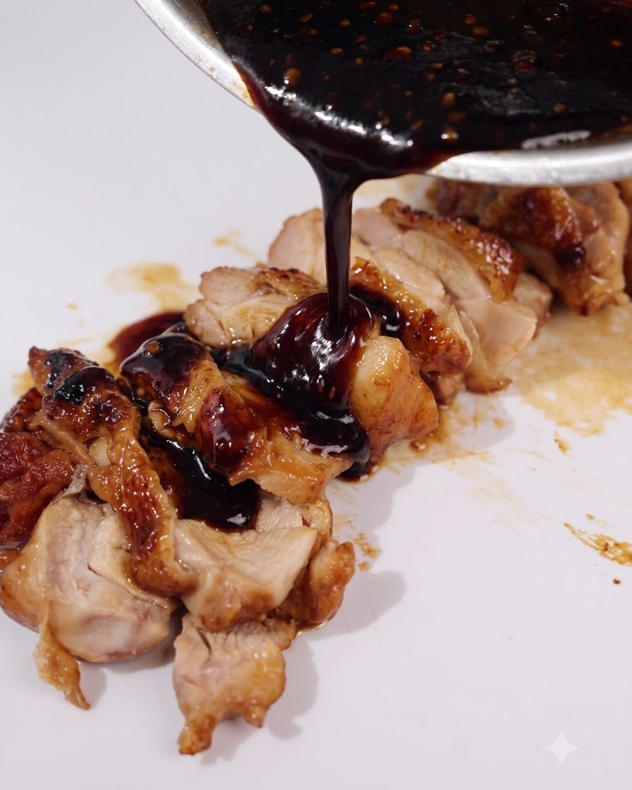 Sauce teriyaki foncée versée dune poêle directement sur le poulet tranché dans une assiette blanche.